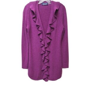 Magaschoni New York Purple Cashmere Ruffle Front Long Cardigan Size Small